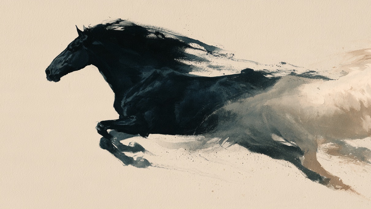 Ink painting of a black horse galloping, dissolving into a pale horse behind it